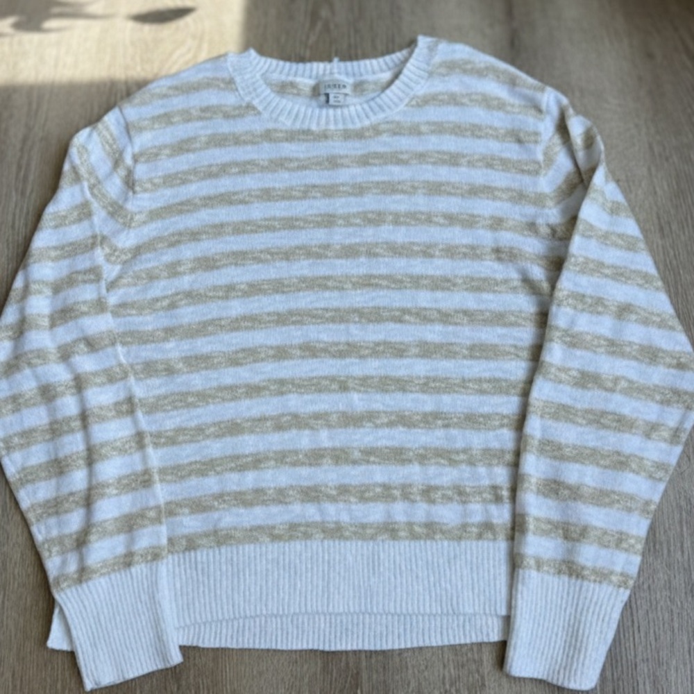 J.CREW Women’s XL Striped Knit Sweater White Beige Cotton Blend Crew Neck Lagenl